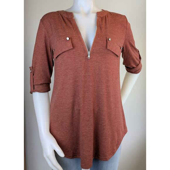 LuckyMore Tunic Top Large Rust Jersey Tab Sleeve Zip Neck Career Casual NEW - Picture 3 of 12